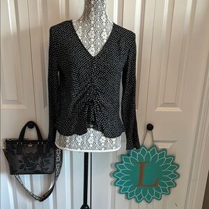 H&M Black Long Sleeve Ruched Blouse with Tie Front